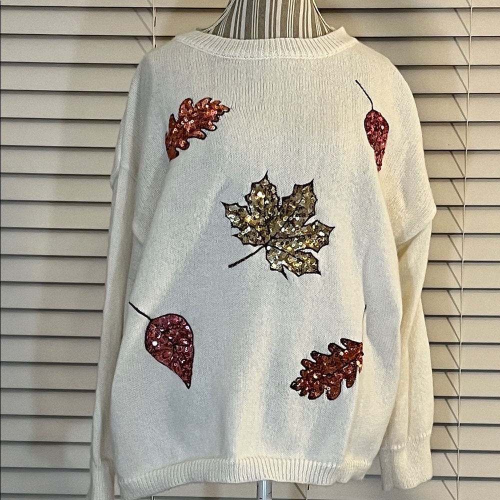 SHEIN White Sweater with Sequin Leaf Accents